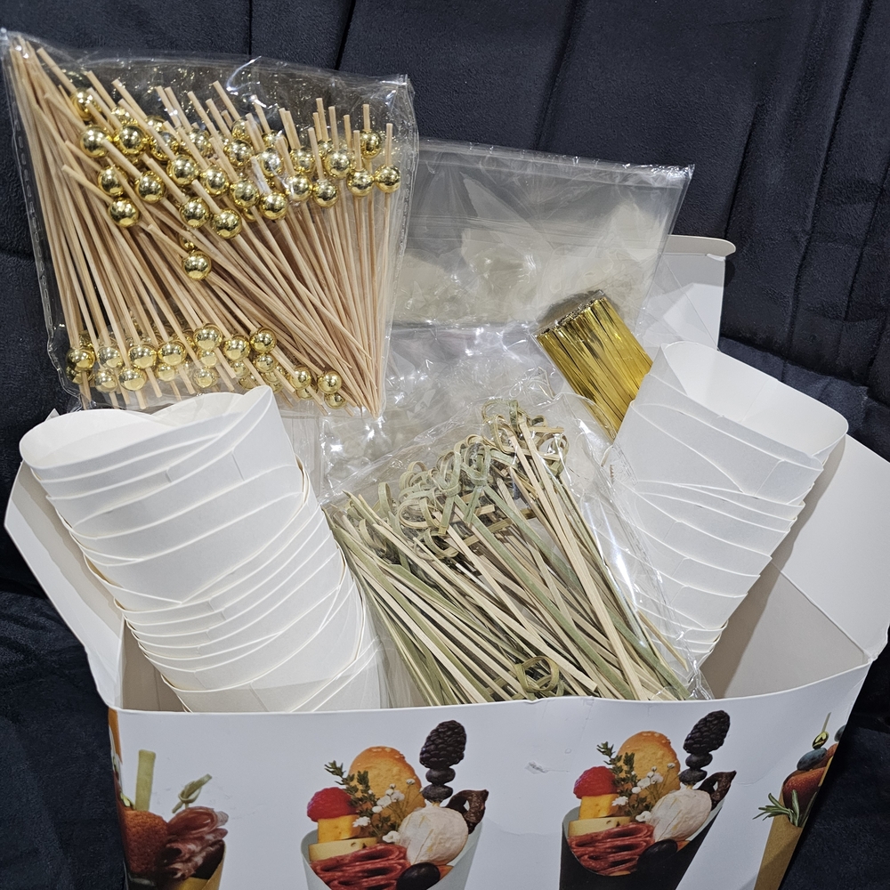 Elegant Gold and White Charcuterie Party Skewer Set Cups Picks Bags Ties
